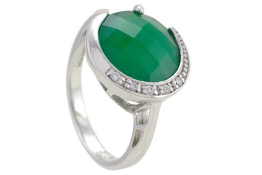 Серебряное кольцо с зелёным агатом и фианитами 57494 купить в магазине Самоцветы мира