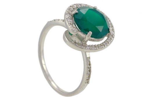 Серебряное кольцо с зелёным агатом и фианитами 57497 купить в магазине Самоцветы мира
