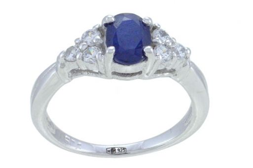 Серебряное кольцо с сапфиром и фианитами 59081 купить в магазине Самоцветы мира