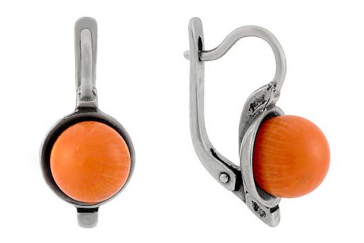 Серебряные серьги с оранжевым кораллом 60662 купить в магазине Самоцветы мира