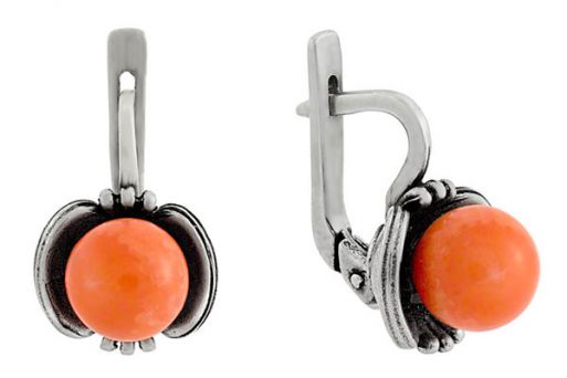 Серебряные серьги с оранжевым кораллом 60668 купить в магазине Самоцветы мира