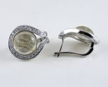 Серьги из серебра с кварцем волосатиком и фианитами круг 14 мм 42030