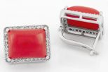 Серьги из серебра с кораллом красным и фианитами прямоугольник 11х15 мм 42469