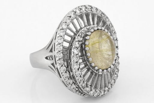 Серебряное кольцо с кварцем волосатиком и фианитами 48385 купить в магазине Самоцветы мира