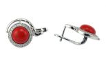 Серьги из серебра с кораллом красным и фианитами круг 10 мм 53185