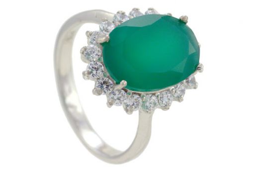 Серебряное кольцо с зелёным агатом и фианитами 53540 купить в магазине Самоцветы мира