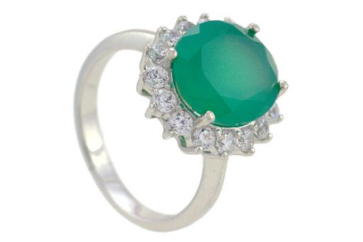 Серебряное кольцо с зелёным агатом и фианитами 53550 купить в магазине Самоцветы мира