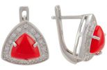 Серьги из серебра с кораллом красным и фианитами треугольник 8х8х8 мм 57304