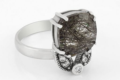 Серебряное кольцо с кварцем и турмалином с фианитами 58480 купить в магазине Самоцветы мира